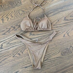 Vitamin A Shimmery Taupe Triangle Bikini in Metallic Nude